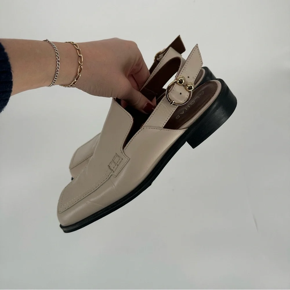 Alohas Abe Slingback Leather Loafer Mules Cream Square Toe Low Heel Size 38 7.5 - Picture 3 of 9